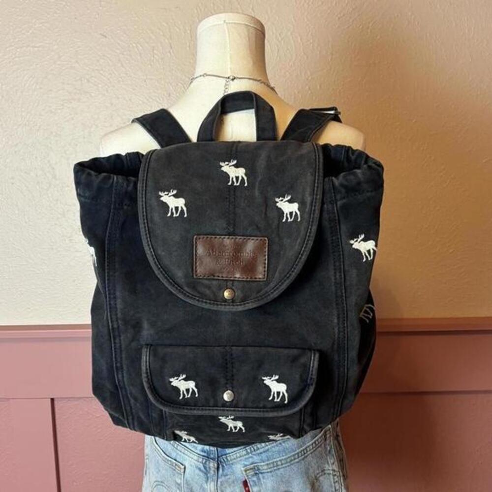 Abercrombie & Fitch Y2K Moose Logo Backpack Canvas Denim Dark Wash Navy Black